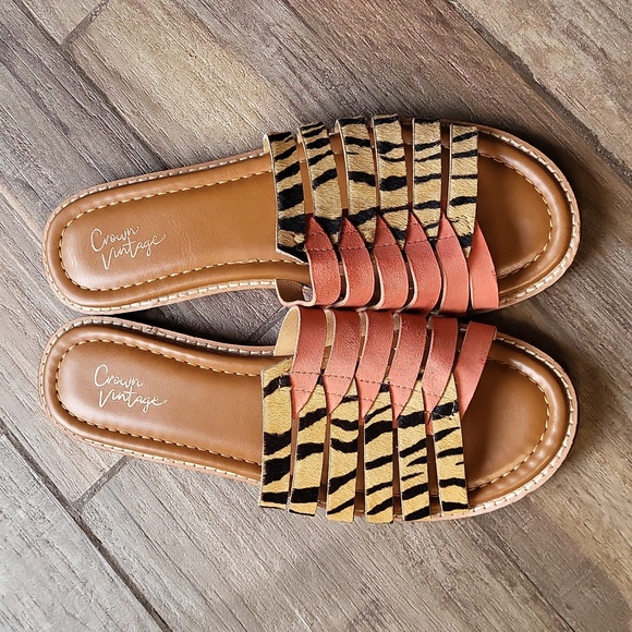 Crown Vintage Shoes - Crown Vintage Animal Print Cow Hair and Coral Leather Sandal Slides, 7.5